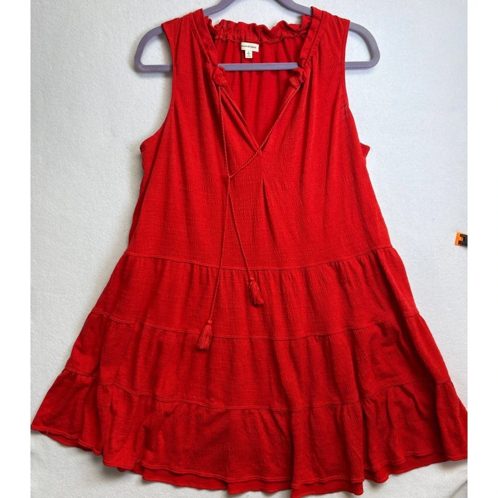 Max Studio Womens Red Tiered Sleeveless Mini Dress Tassel V-Neck size L - Picture 2 of 8